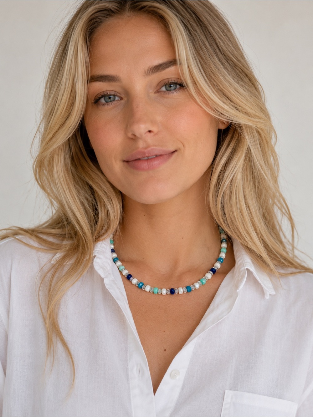 Hand Cratted Faceted Crystal Glass Convertible Necklace Wrap Bracelet White Blue